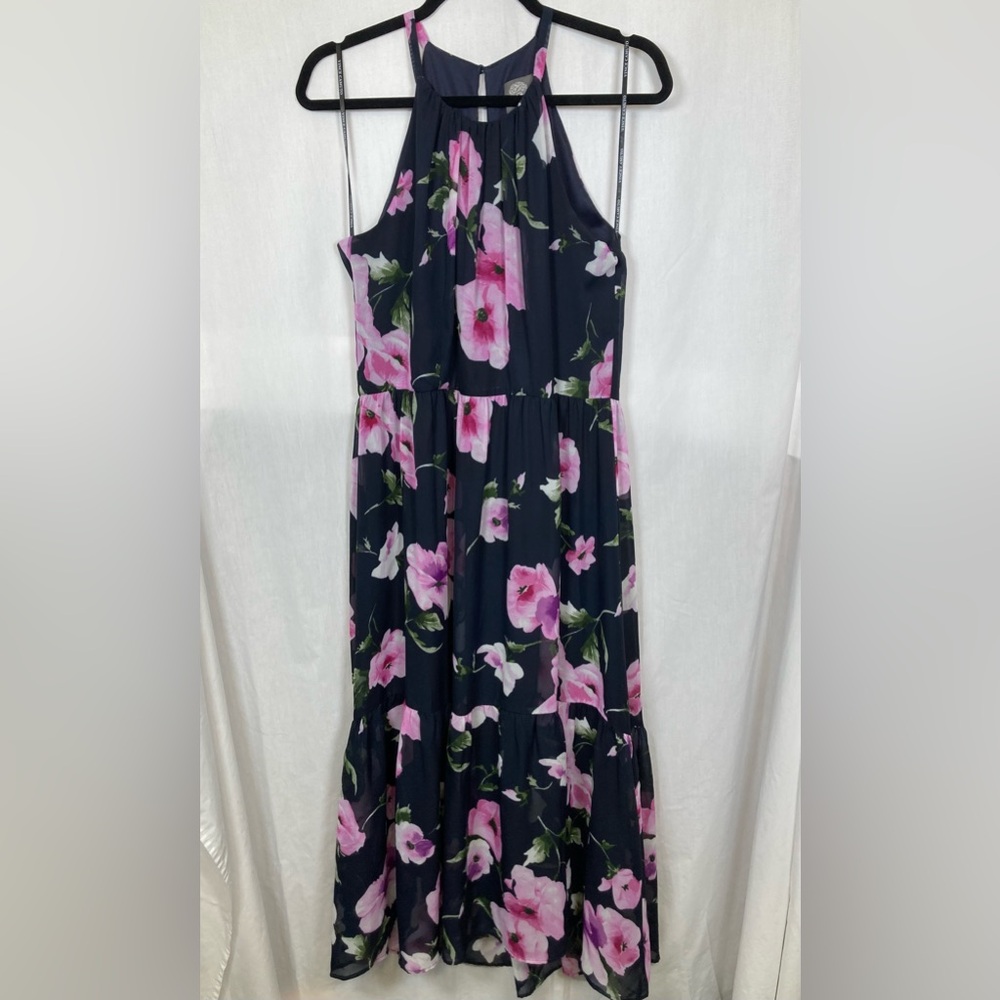 Vince Camuto Navy Black Multi Floral Halter Chiffon Dress Sz 10 Wedding Party